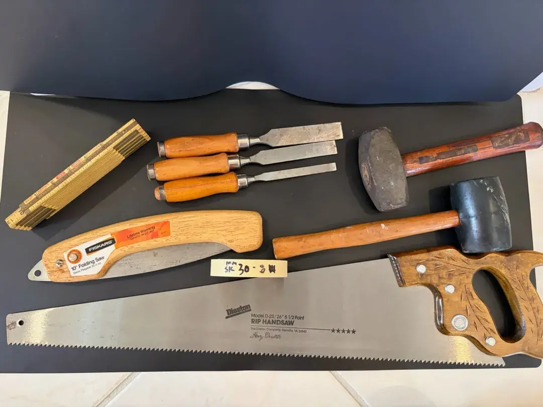 Disston 26” Rip Handsaw Fiskars Folding Saw Chisels Mallets Lufkin Rule Tool Lot