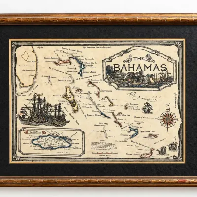 Vintage Island Workshop Bahamas Map Framed Nautical Maritime Caribbean Wall Art
