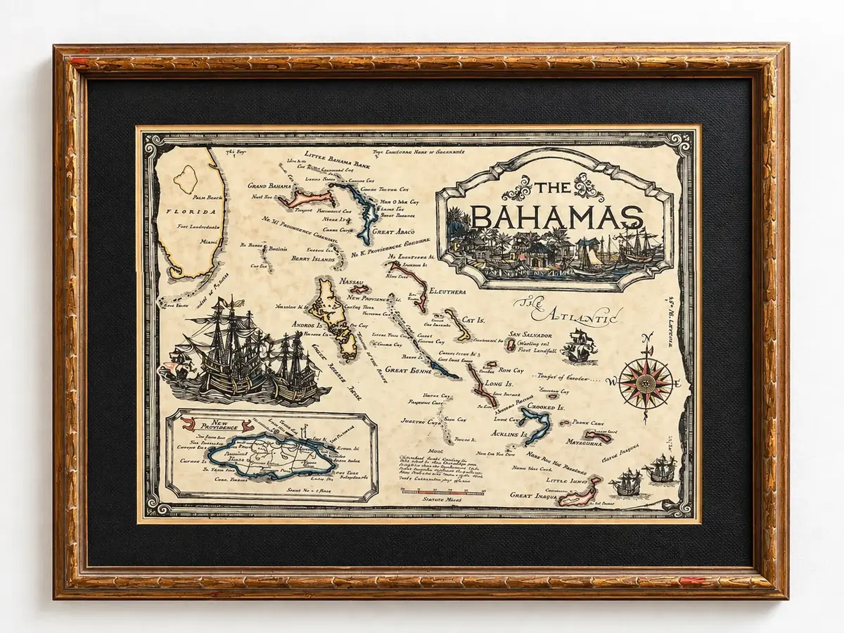 Vintage Island Workshop Bahamas Map Framed Nautical Maritime Caribbean Wall Art