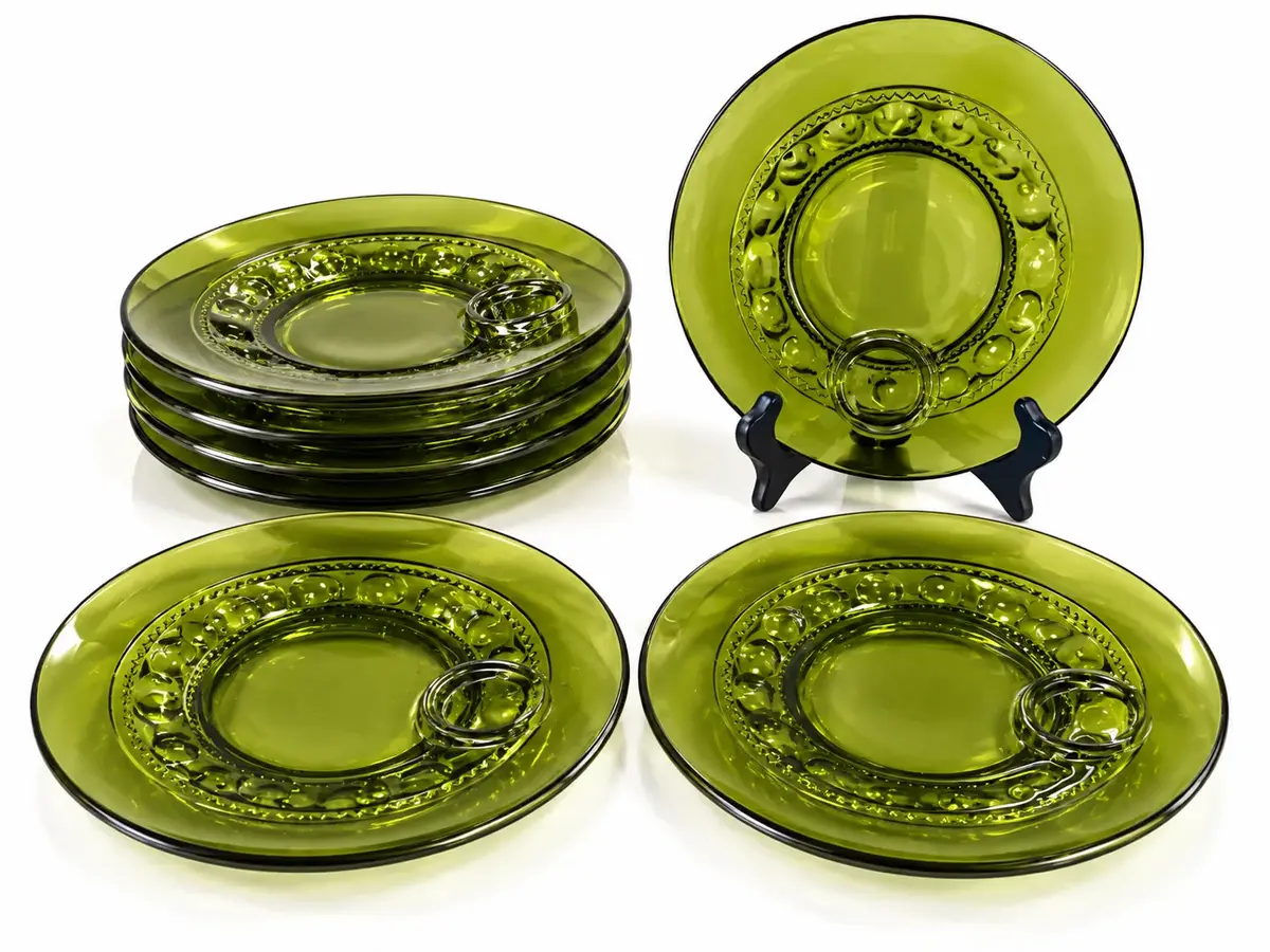 Vintage Avocado Green Glass Snack Plates Set of 6 Mid Century Modern MCM