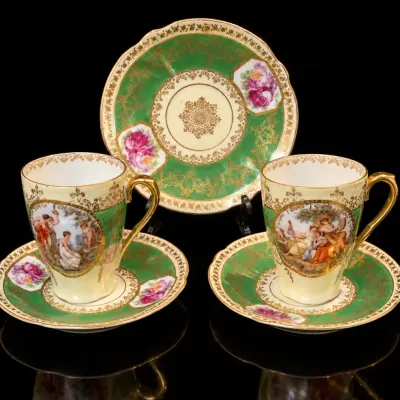 Vintage Prove. Sxe E.S. Germany Porcelain Cups & Saucers Green Gold Courting Scene