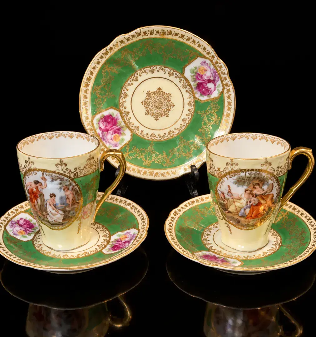 Vintage Prove. Sxe E.S. Germany Porcelain Cups & Saucers Green Gold Courting Scene