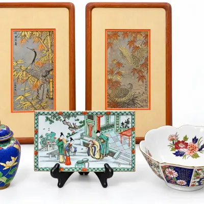 MOMA Mottahedeh Kangxi Famille Verte Tile Imari Bowl Cloisonné Vessel Asian Bird Art