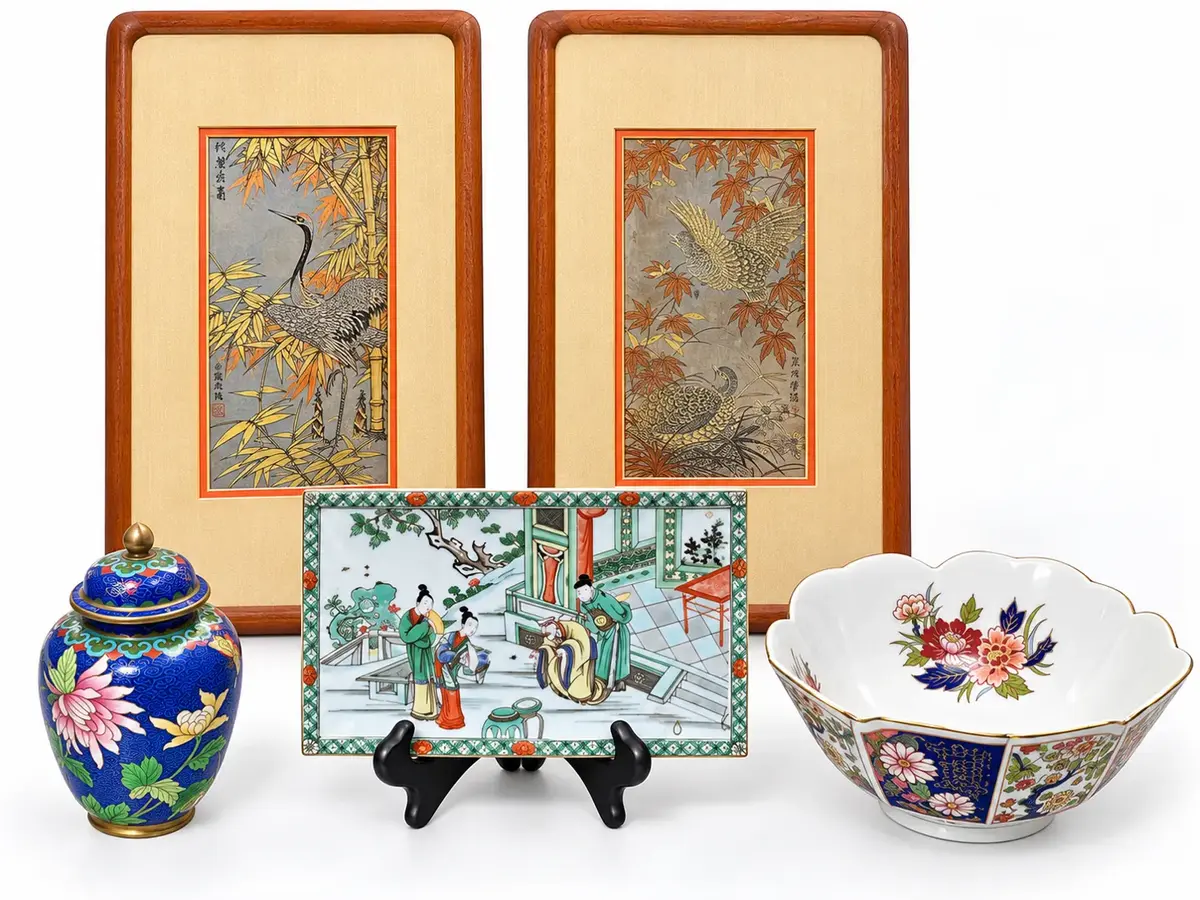MOMA Mottahedeh Kangxi Famille Verte Tile Imari Bowl Cloisonné Vessel Asian Bird Art