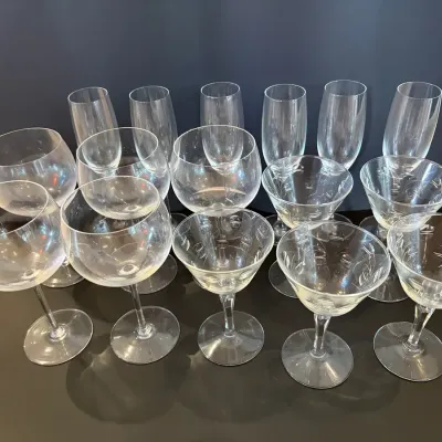Mixed Crystal Stemware Lot of 17 – Wine, Champagne Flutes & Etched Cocktail Glasses