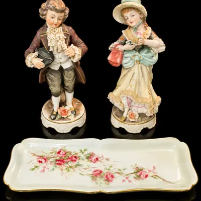 Vintage Ucagco Japan Porcelain Lady & Gentleman Figurines w/ Limoges France Tray