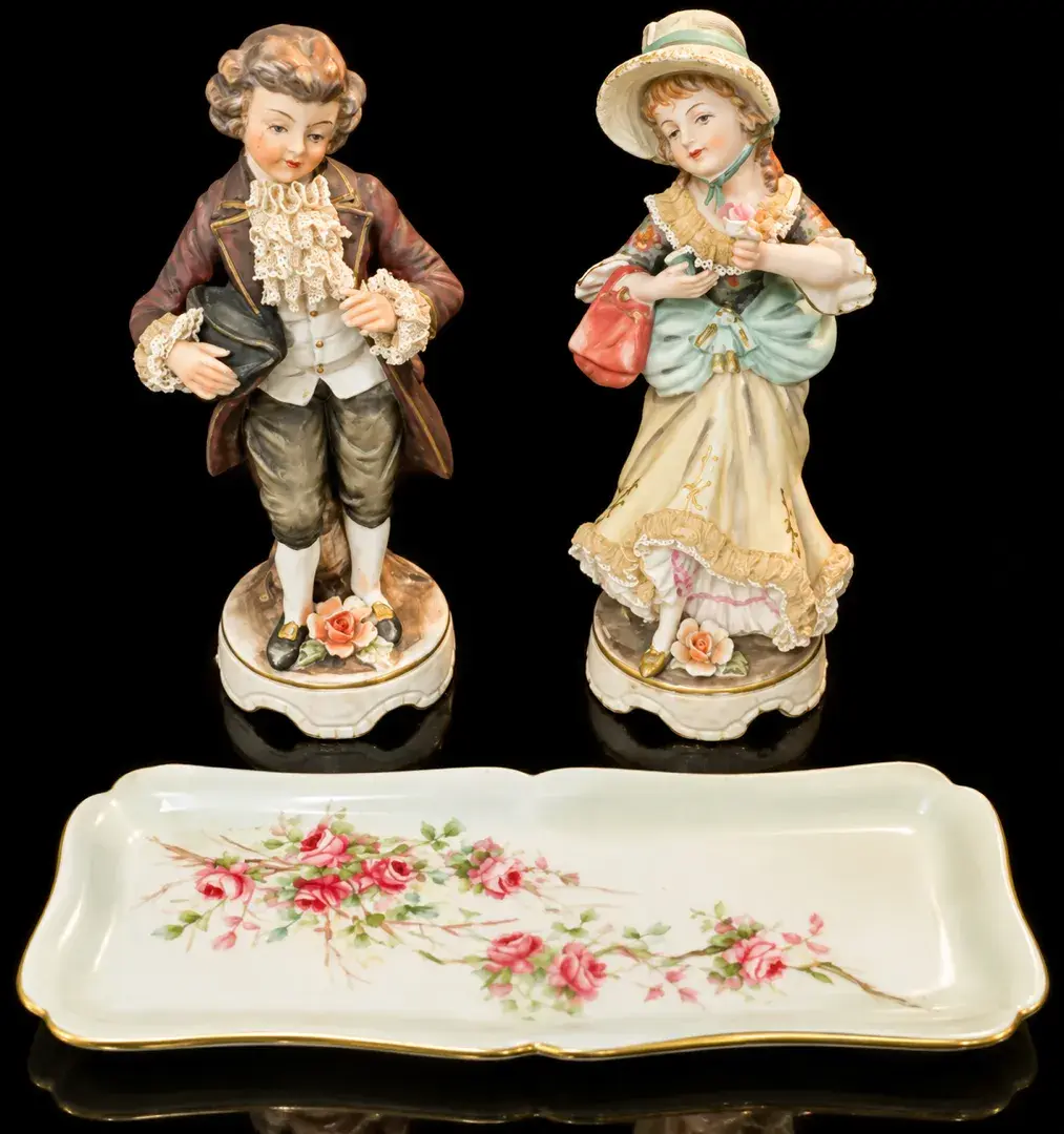 Vintage Ucagco Japan Porcelain Lady & Gentleman Figurines w/ Limoges France Tray