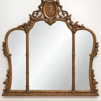 Large 52” x 53” Ornate Gilt Rococo Style Three-Panel Mantel Wall Mirror