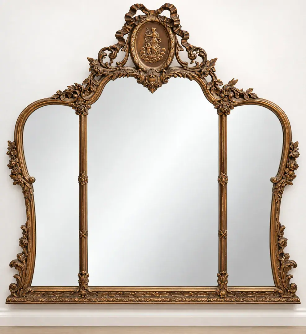 Large 52” x 53” Ornate Gilt Rococo Style Three-Panel Mantel Wall Mirror