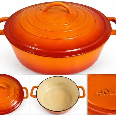 Vintage Holland Orange Enameled Cast Iron Dutch Oven No. 26 w/ Lid