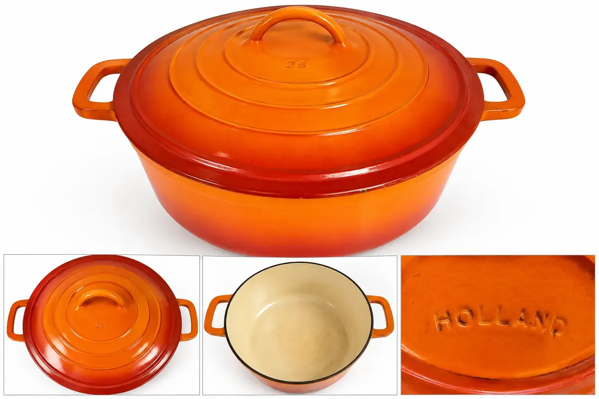 Vintage Holland Orange Enameled Cast Iron Dutch Oven No. 26 w/ Lid