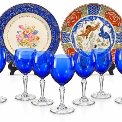 Eclectic Asian & Vintage Decor Lot Japan Crane Plate Southern Potteries Blue Glass