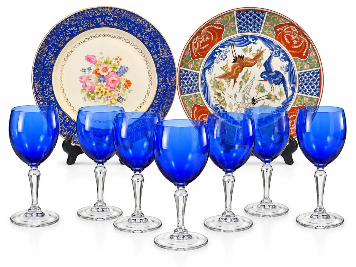 Eclectic Asian & Vintage Decor Lot Japan Crane Plate Southern Potteries Blue Glass