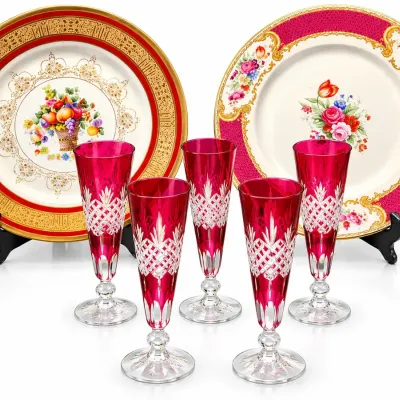 Royal Epiag Czechoslovakia & Myott The Bouquet England Plates w/ Bohemian Cranberry Cut-to-Clear Flu
