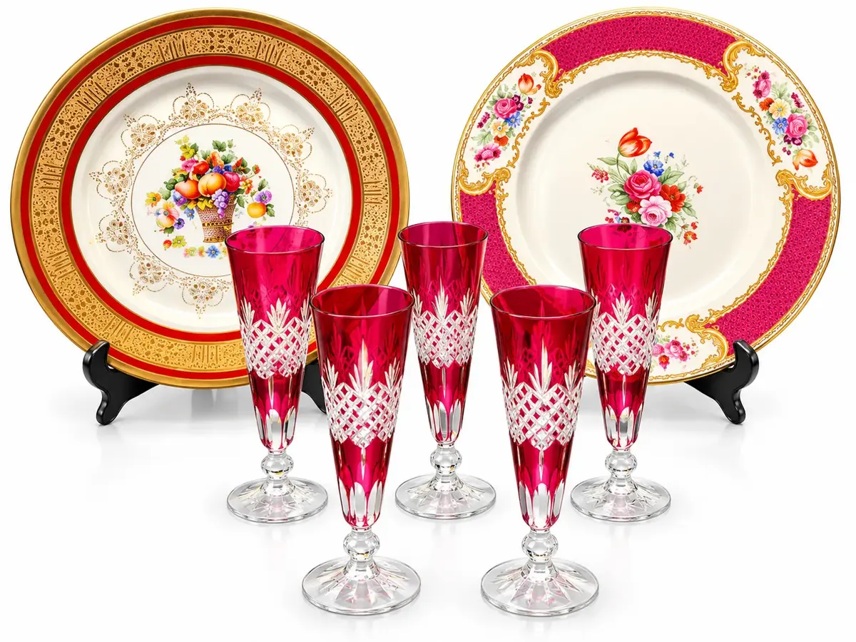 Royal Epiag Czechoslovakia & Myott The Bouquet England Plates w/ Bohemian Cranberry Cut-to-Clear Flu