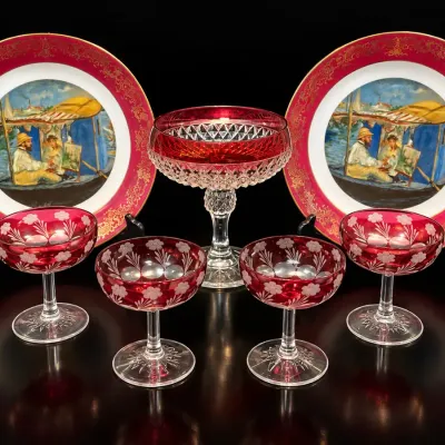 Limoges France Plates Pair Bohemian Cranberry Cut To Clear Champagne Coupes Set of 4 & Compote