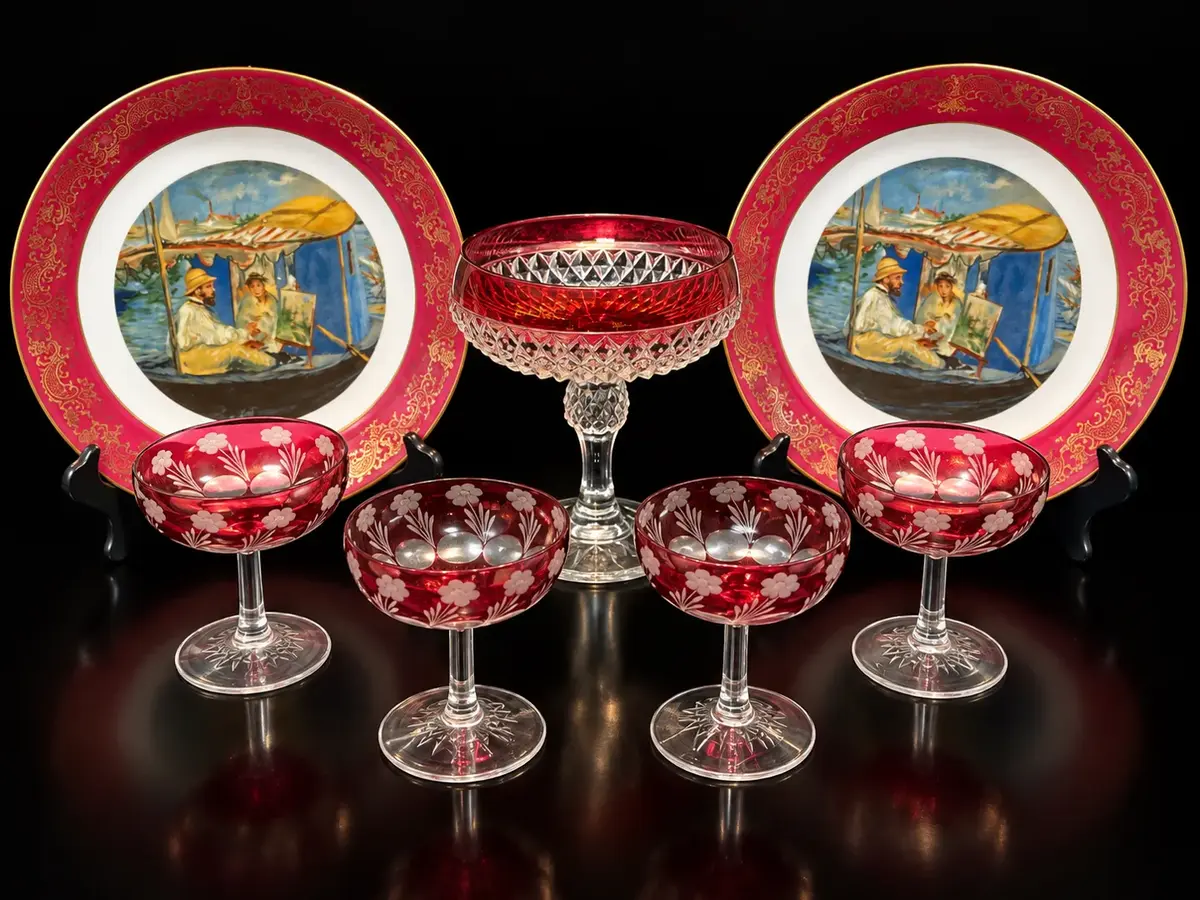 Limoges France Plates Pair Bohemian Cranberry Cut To Clear Champagne Coupes Set of 4 & Compote