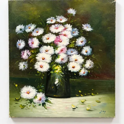 Vintage J. Guy Signed Floral Still Life Oil Painting White Daisies on Canvas