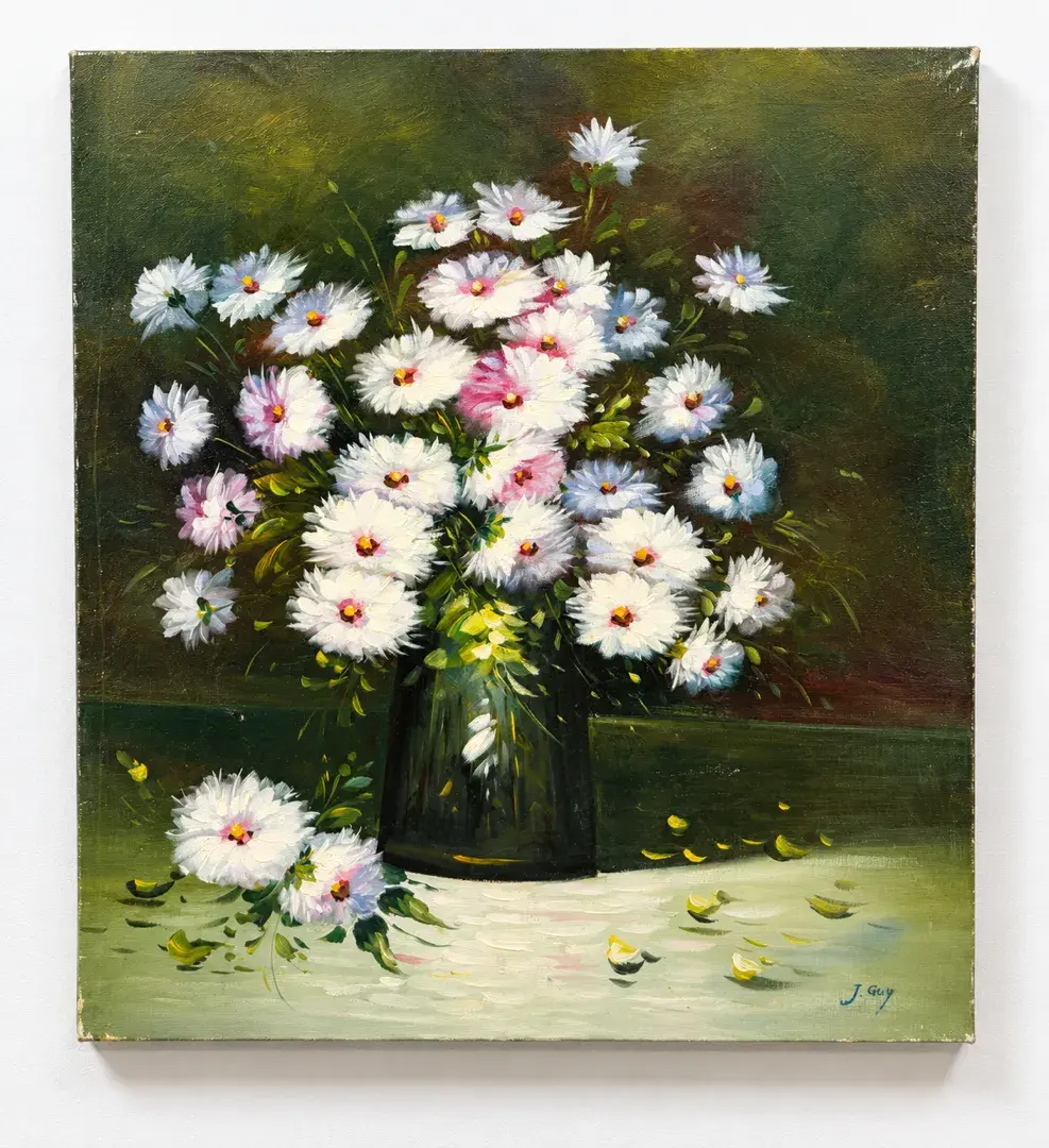 Vintage J. Guy Signed Floral Still Life Oil Painting White Daisies on Canvas