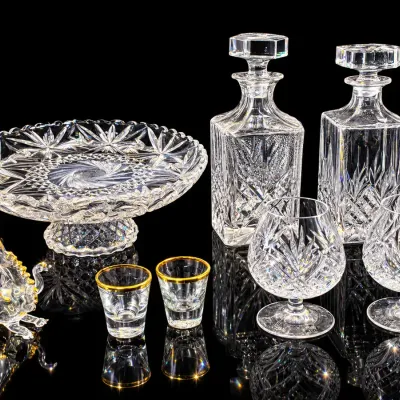 Vintage Cut Crystal Barware Lot Decanters Brandy Glasses Cake Plate & Dragon