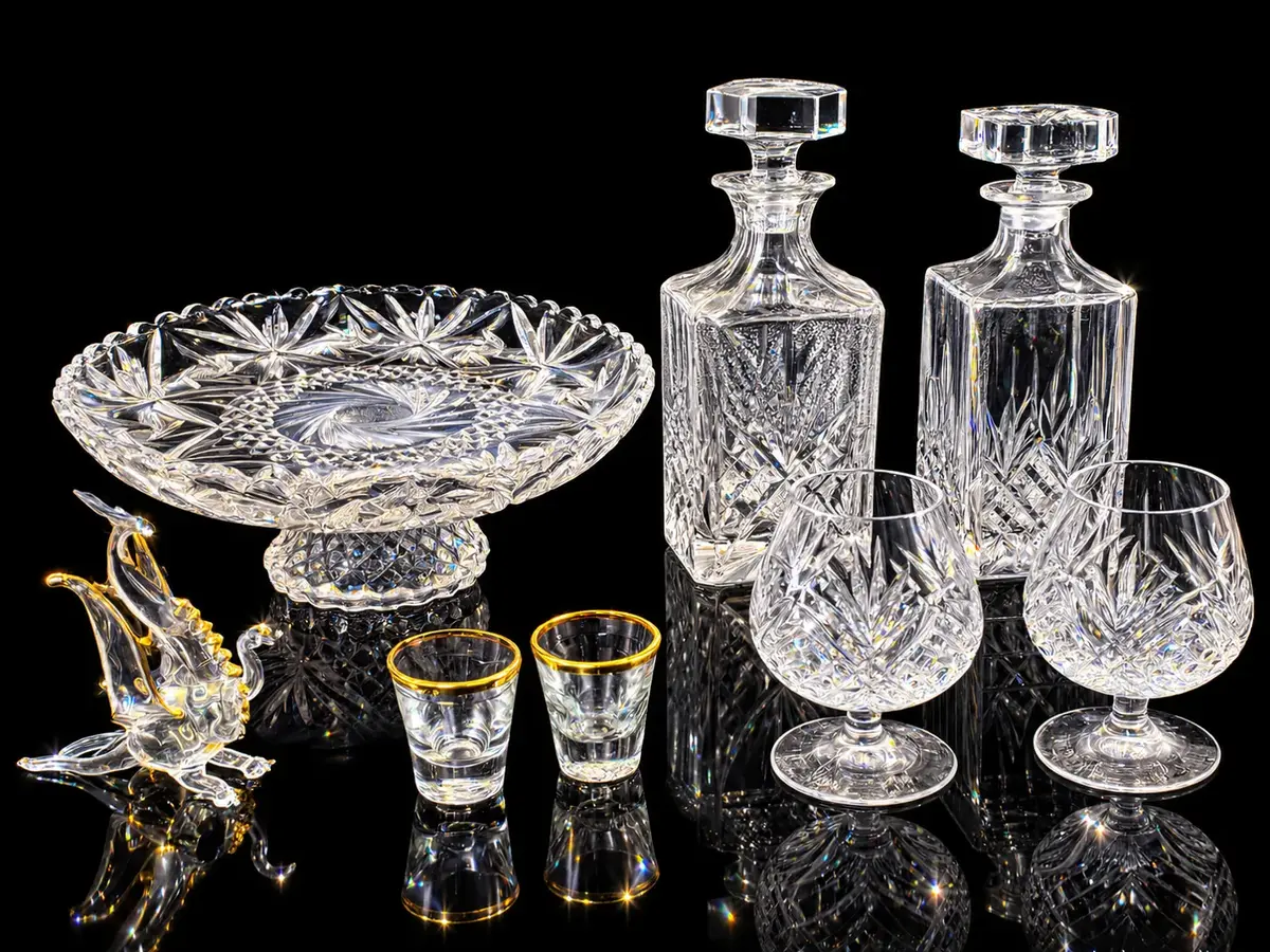 Vintage Cut Crystal Barware Lot Decanters Brandy Glasses Cake Plate & Dragon