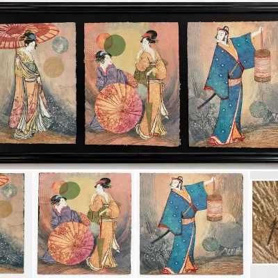 Signed Picot Asian Geisha Triptych Mixed Media Art Framed 42.5” x 10”