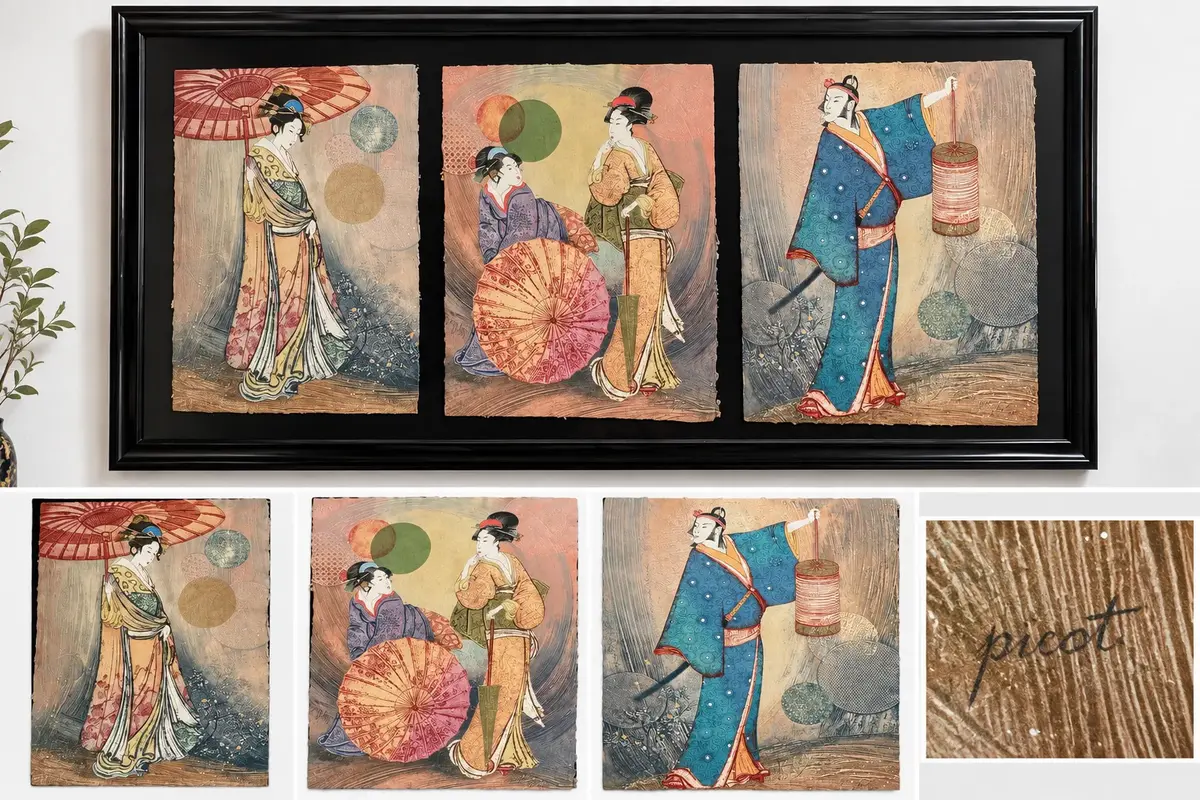 Signed Picot Asian Geisha Triptych Mixed Media Art Framed 42.5” x 10”