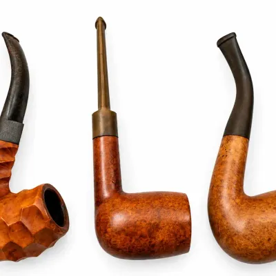 Vintage Briar Wood Smoking Pipes Lot of 3 Carved Burl Bent & Straight Stem