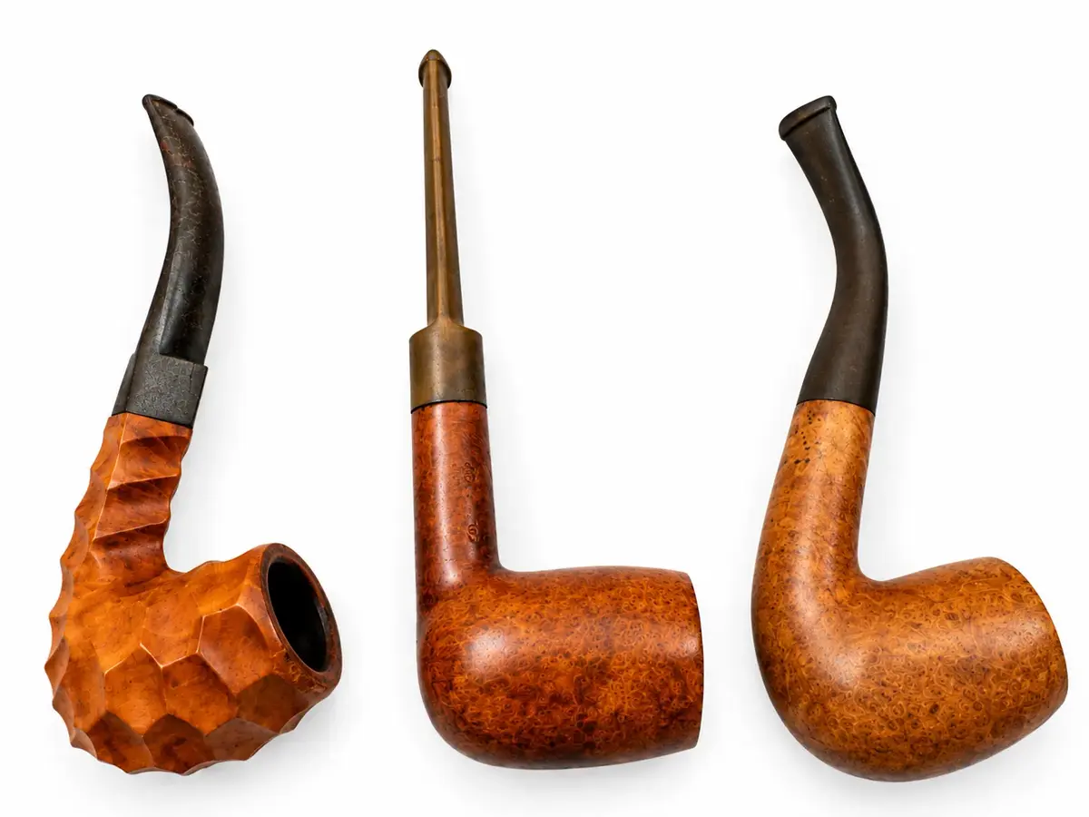 Vintage Briar Wood Smoking Pipes Lot of 3 Carved Burl Bent & Straight Stem