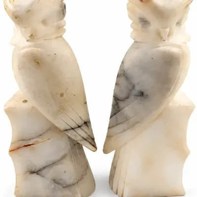 Pair Vintage Hand Carved Stone Marble Onyx Owl Bird Figurines Signed 8”