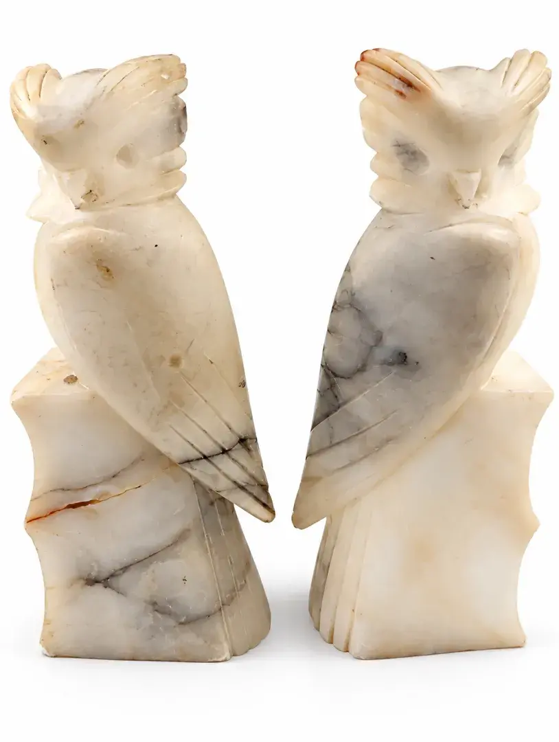 Pair Vintage Hand Carved Stone Marble Onyx Owl Bird Figurines Signed 8”