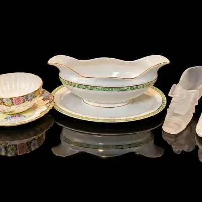 Vintage Heinrich & Co Selb Bavaria Gravy Boat, Floral Teacup & Glass Shoe Lot