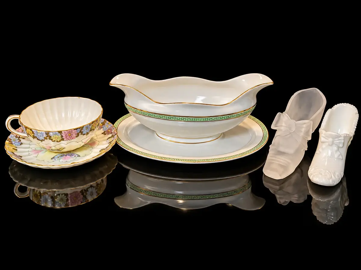 Vintage Heinrich & Co Selb Bavaria Gravy Boat, Floral Teacup & Glass Shoe Lot