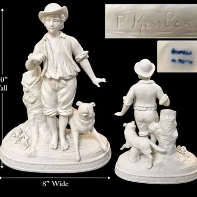 Signed F. Kessler French Bisque Porcelain Boy With Dog Figurine Sculpture 10”