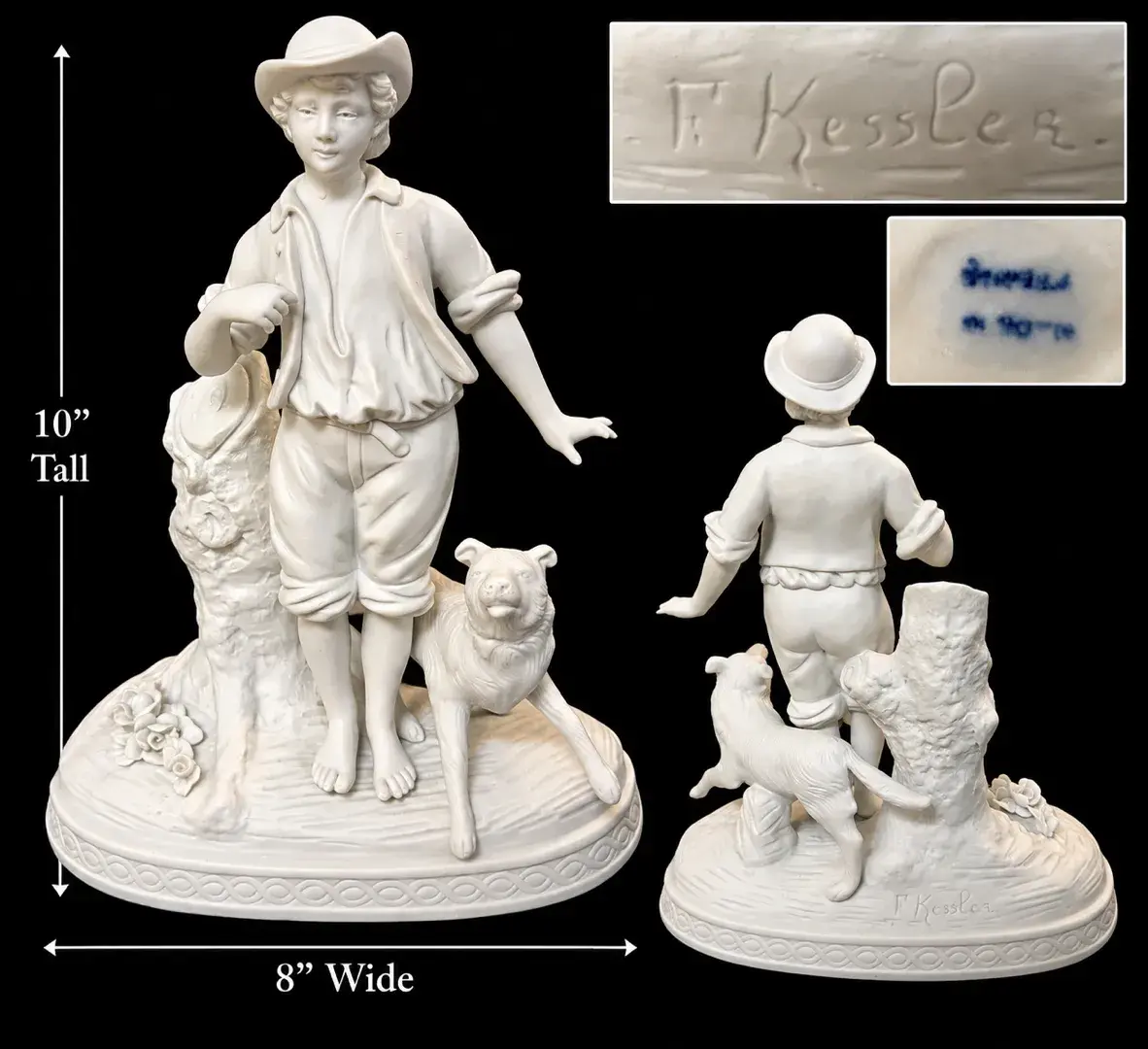 Signed F. Kessler French Bisque Porcelain Boy With Dog Figurine Sculpture 10”