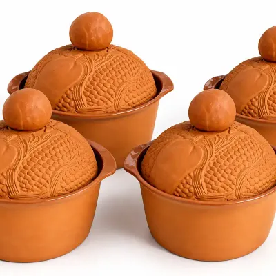 Set of 4 Vintage Terracotta Covered Casserole Pots Embossed Fruit & Wheat Lids