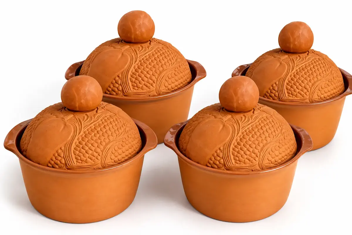 Set of 4 Vintage Terracotta Covered Casserole Pots Embossed Fruit & Wheat Lids