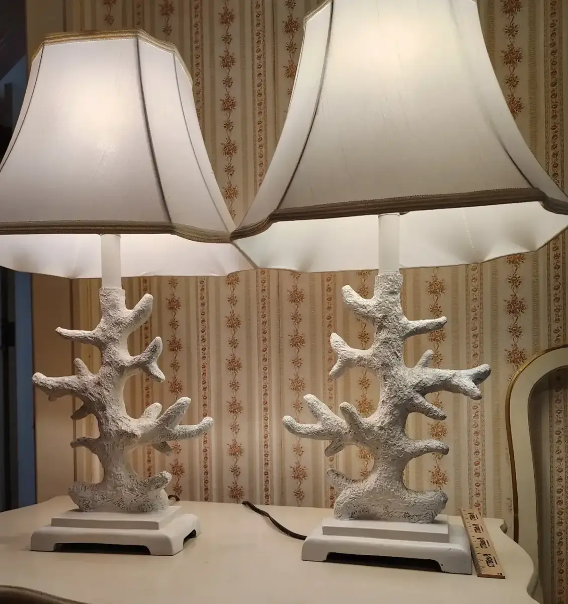 Two White Faux Coral Branches Lamps