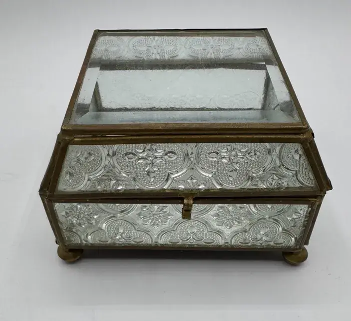 Brass and Pressed Glass Jewelry Box Casket with Beveled Glass Lid and Mirrored Bottom Trinket Box