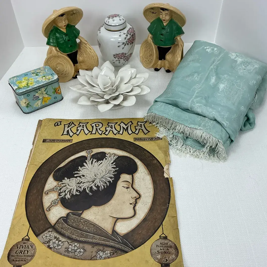 Asian Inspired Decor Including 1904 Karama Leo Feist Sheet Music, Ceramic Figural Bookends, Cherry B