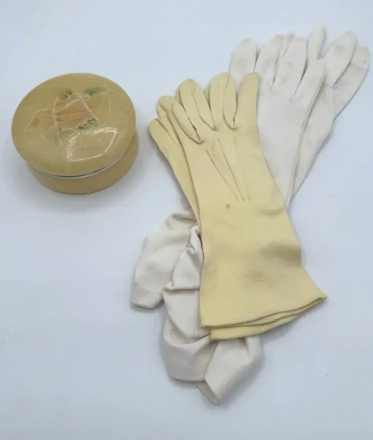 Italian Alabaster Hinged Trinket Box & Ladies Dress Gloves, Ruched Ivory & Pale Yellow, Made in Ital