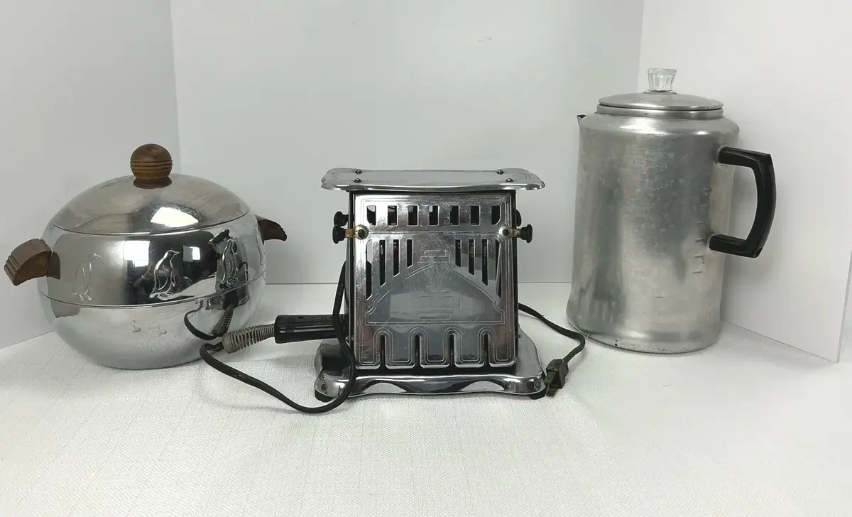 West Bend Style Chrome Penguin Hot and Cold Server, Art Deco Chrome Flip Side Electric Toaster and A