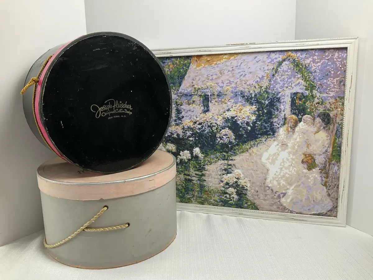 Vintage Hat Boxes and Framed Garden Print