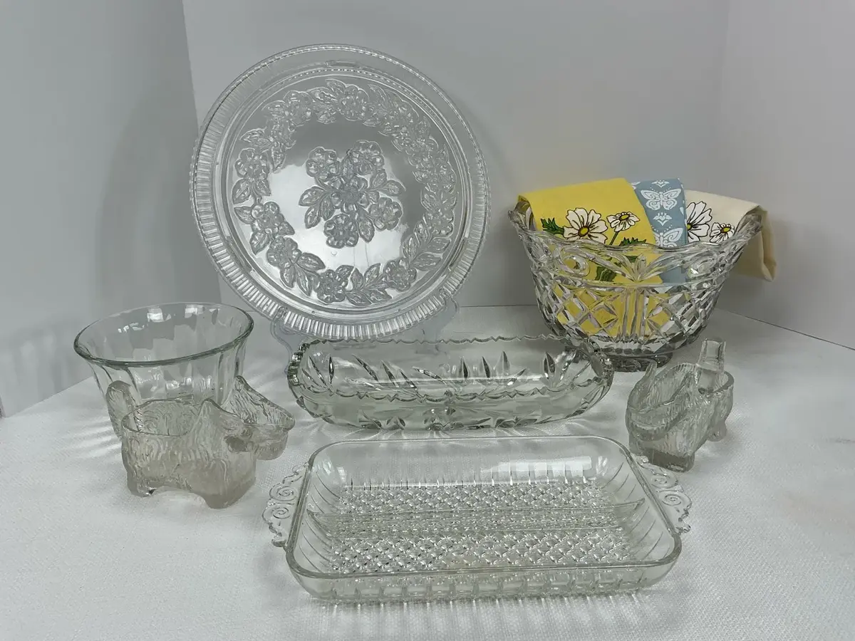 Glass Relish Trays,  Bowls, Platter, Pressed Glass Scottie and Dish Towels 