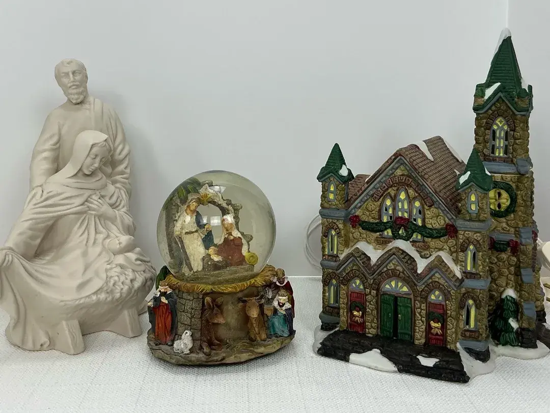 Lighted Bisque Porcelain Holy Family Nativity Figure, Nativity Snow Globe with Wise Men Base and Lig