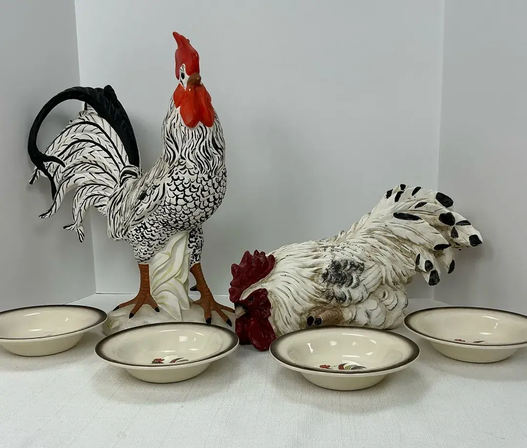 Metlox Poppytrail Red Rooster Fruit Bowls with Hand Painted Ceramic Standing Rooster and Crouching R