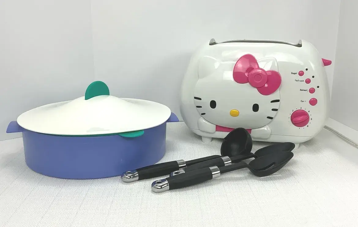 Hello Kitty Two Slice Toaster, Microwave Steamer with Lid and Basket, and Black Nylon Kitchen Utensi