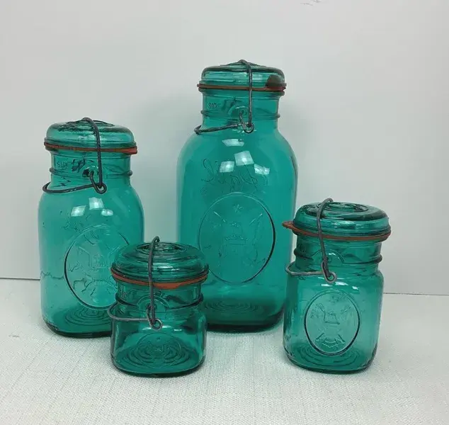 Ball Ideal Bicentennial Teal Glass Wire Bail Jars with Eagle Seal and Glass Lids, Half Gallon, Quart