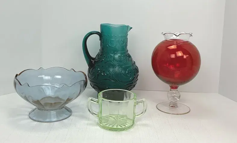 Teal Embossed Pitcher, Ruby Red Ivy Ball Vase, Blue Footed Bowl and Green Depression Glass Sugar Bow