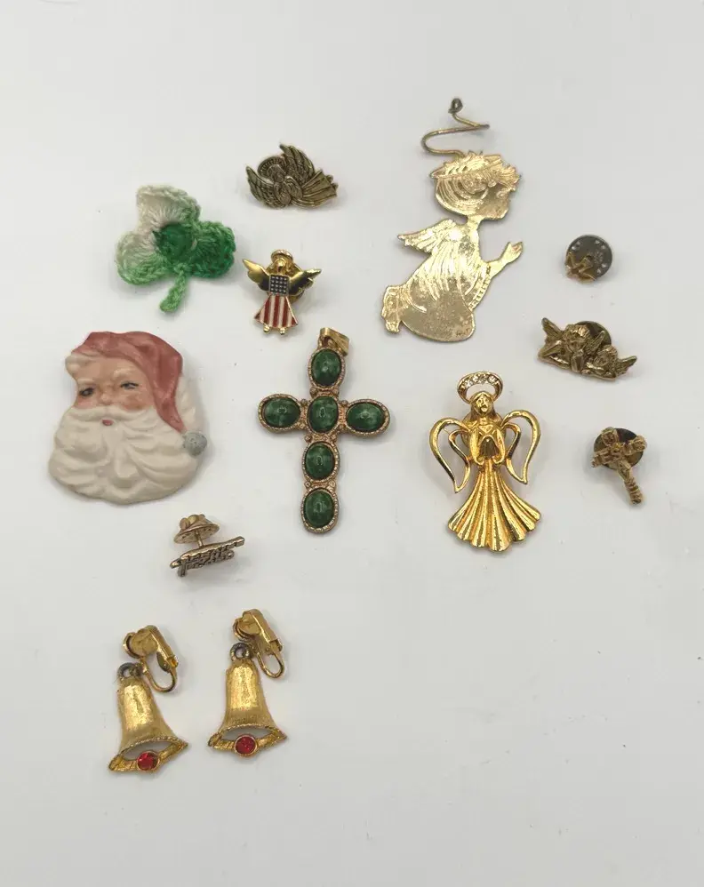 Angel Brooches & Lapel Pins, Green Cabochon Cross Pendant, Santa Face Pin, Bell Clip Earrings, Gold 
